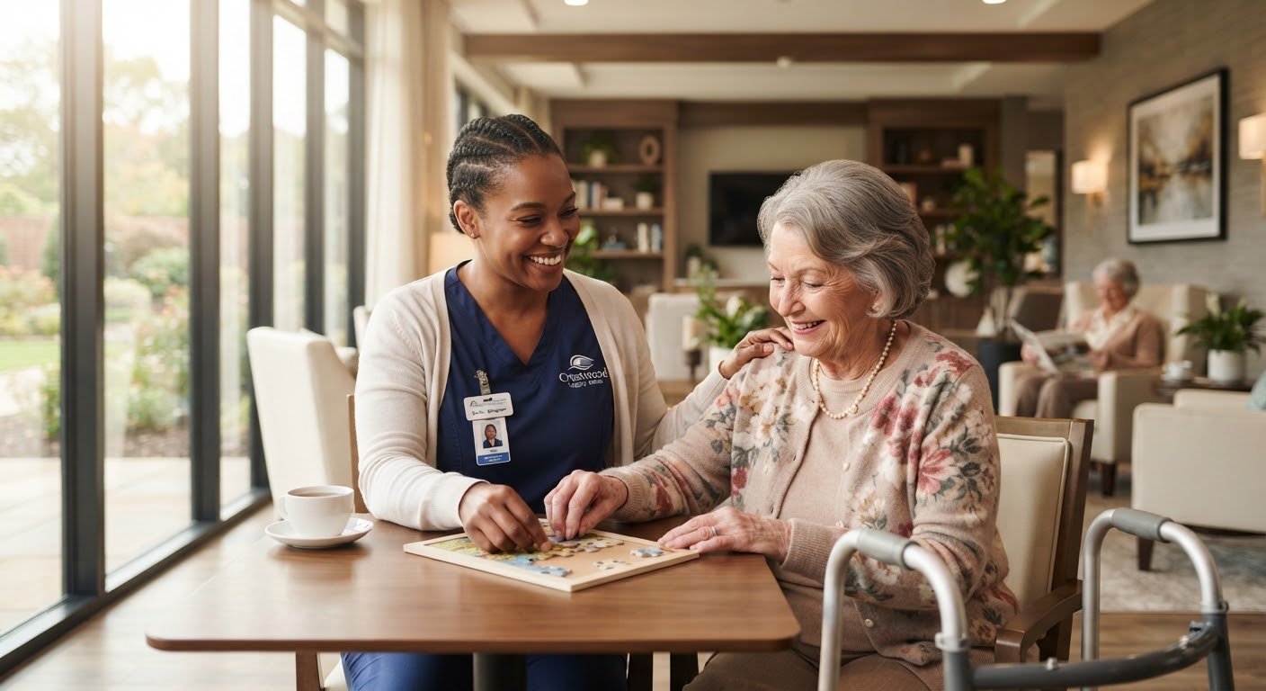 A Crestwood caregiver and an older client working through a puzzle together at a sunlit table.