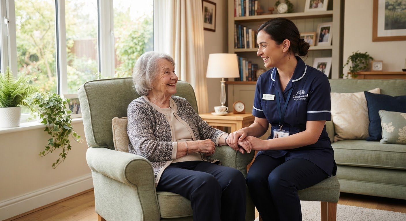 A caregiver in a navy uniform sitting with a smiling older woman in her sunlit living room.