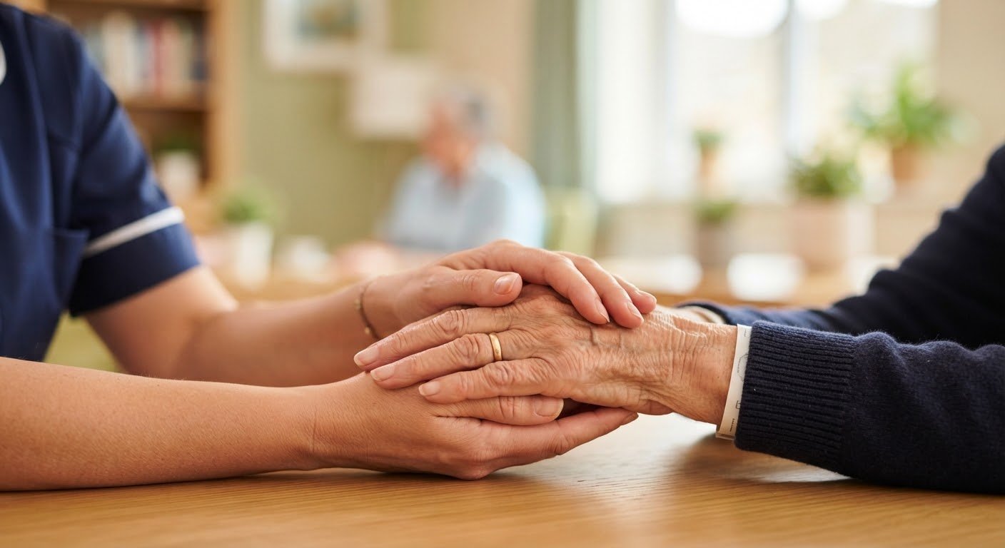 A caregiver's hands resting over an older client's hands across a table, in a quiet moment of reassurance.