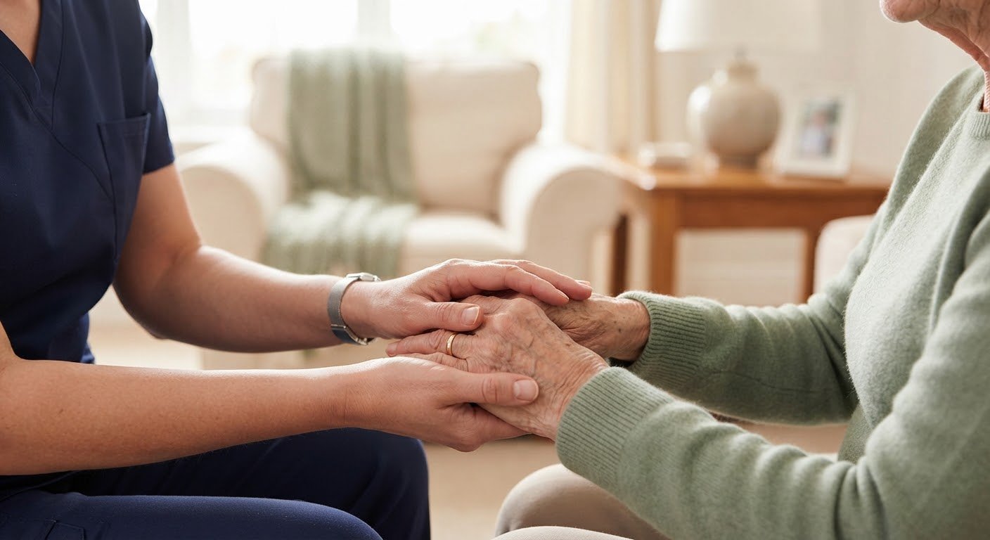 A caregiver gently holding the hands of an older client.