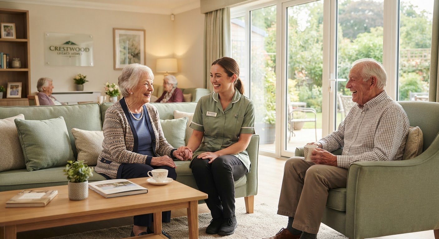 A caregiver talking warmly with two older adults in a bright, comfortable living room.